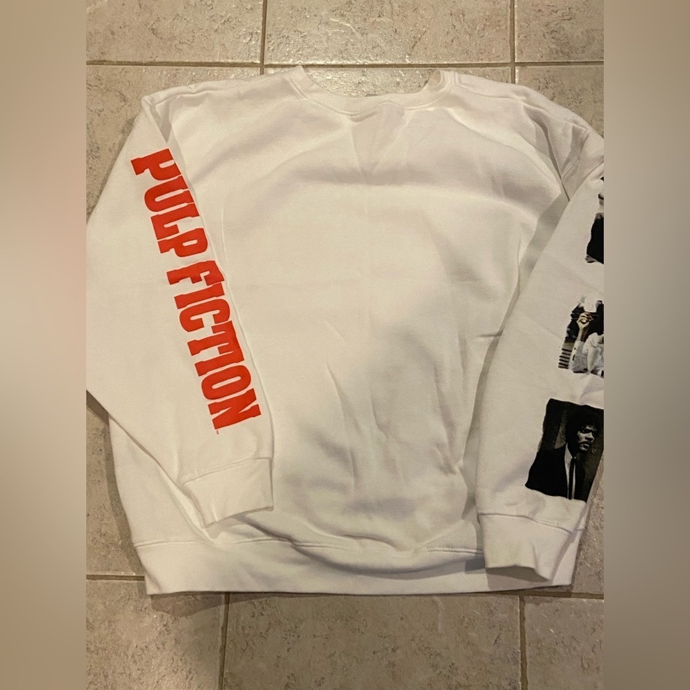 Retro Pulp Fiction Graphic Sweatshirt White Y2K Streetwear Cult Classic - Picture 6 of 9